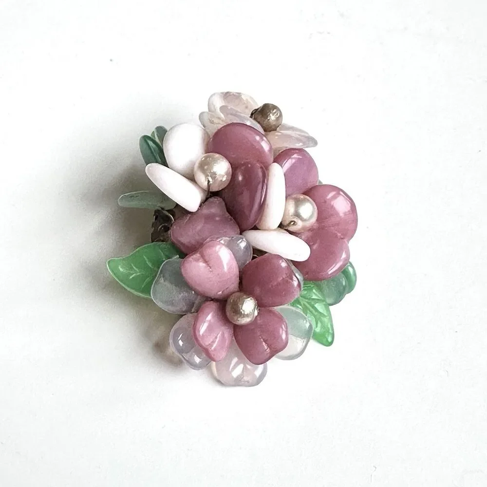 RARE VTG 50s MCM West Germany Pastel Flowers Lucite Brooch Bouquet Cluster 1.75”